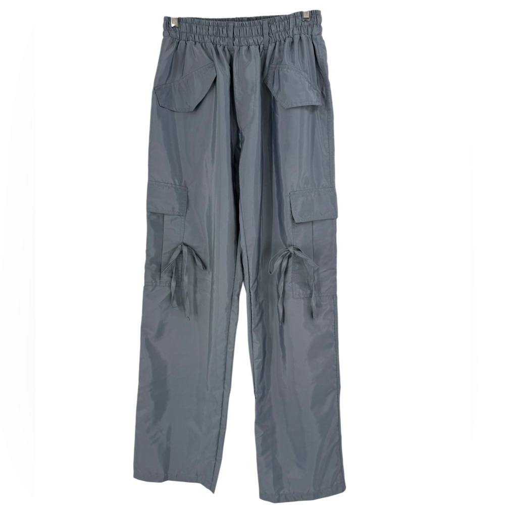 NWT PrettyLittleThing Grey Shell Tie Detail Straight Leg Cargo Pants Y2K, 8